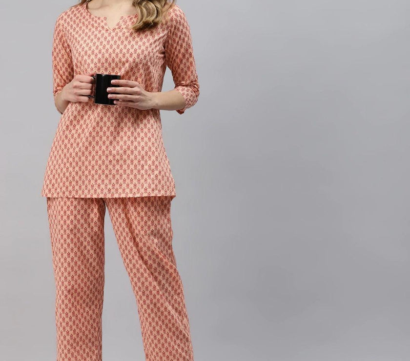 Divena Peach Floral Printed Night Suit - divena world