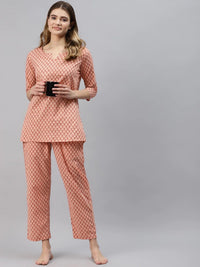 Divena Peach Floral Printed Night Suit - divena world