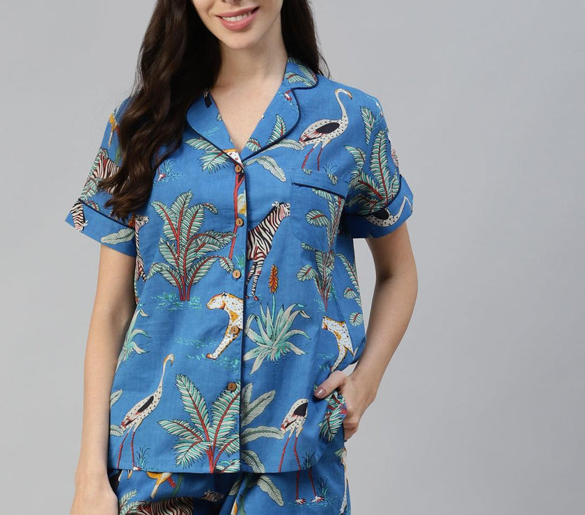 Divena Teal blue Cotton Animal Print Night suit - divena world