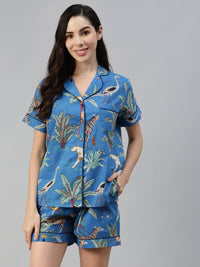 Divena Teal blue Cotton Animal Print Night suit - divena world