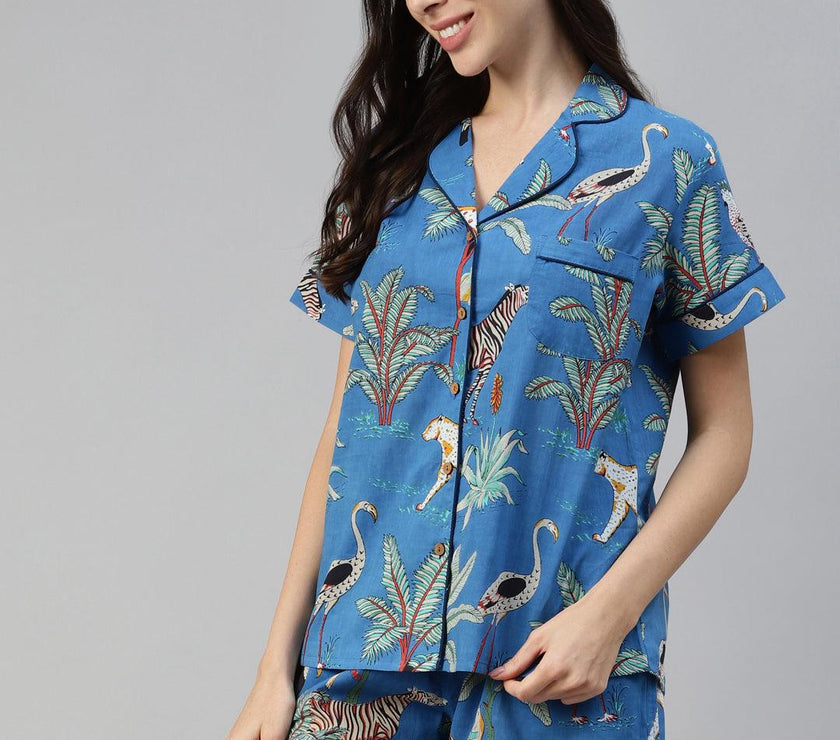 Divena Teal blue Cotton Animal Print Night suit - divena world