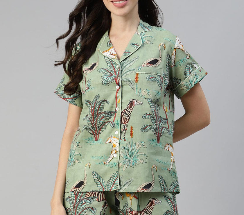 Divena Sea Green Cotton Animal Print Night Suit - divena world