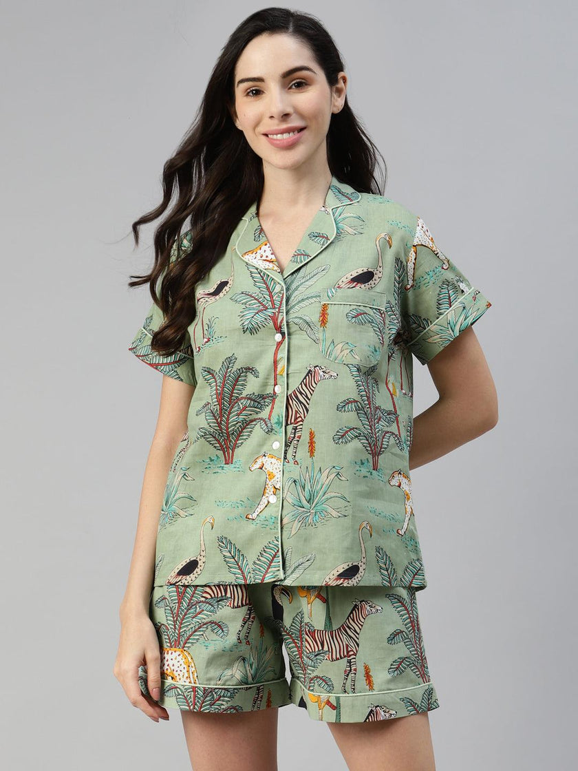 Divena Sea Green Cotton Animal Print Night Suit - divena world