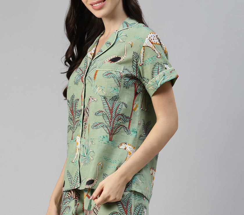 Divena Sea Green Cotton Animal Print Night Suit - divena world