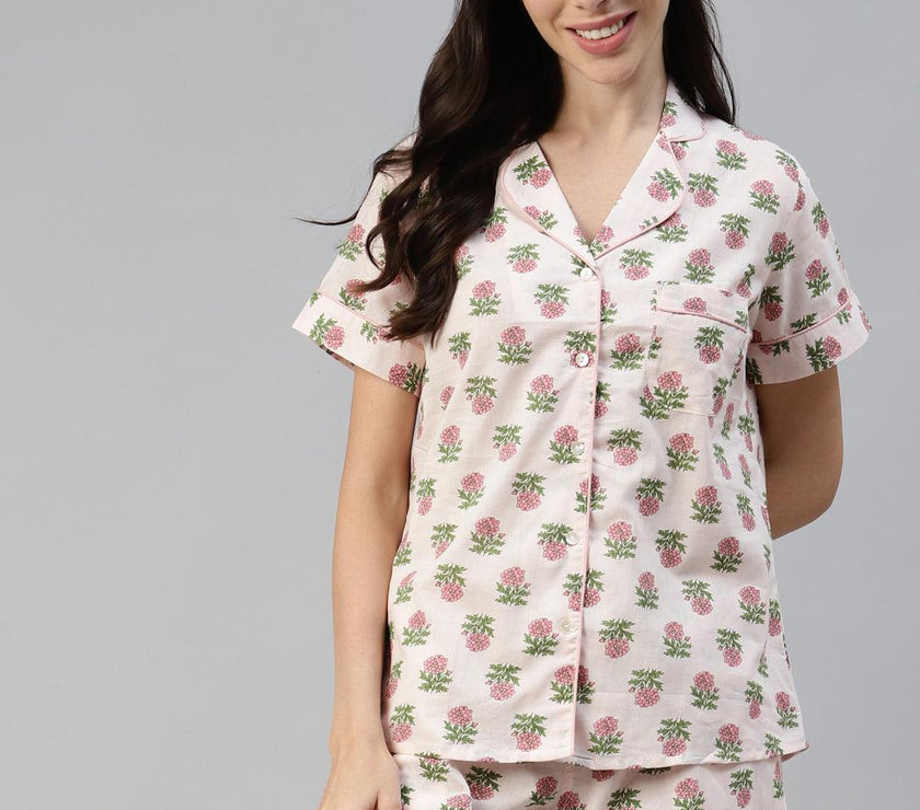 Divena Baby pink Cotton Floral Print Night Suit - divena world