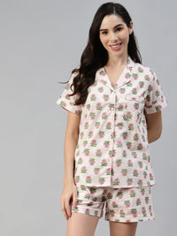 Divena Baby pink Cotton Floral Print Night Suit - divena world