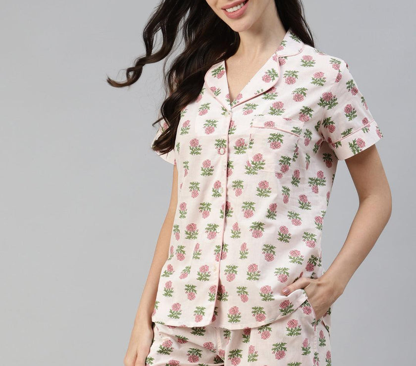 Divena Baby pink Cotton Floral Print Night Suit - divena world