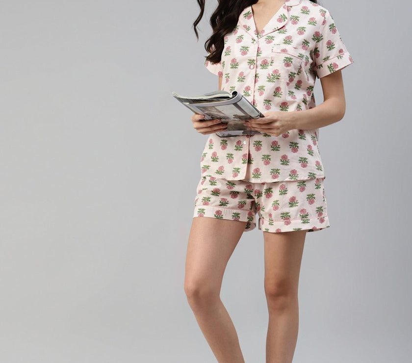 Divena Baby pink Cotton Floral Print Night Suit - divena world