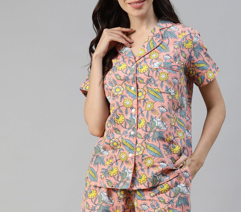 Divena Peach Cotton Floral Print Night Suit - divena world