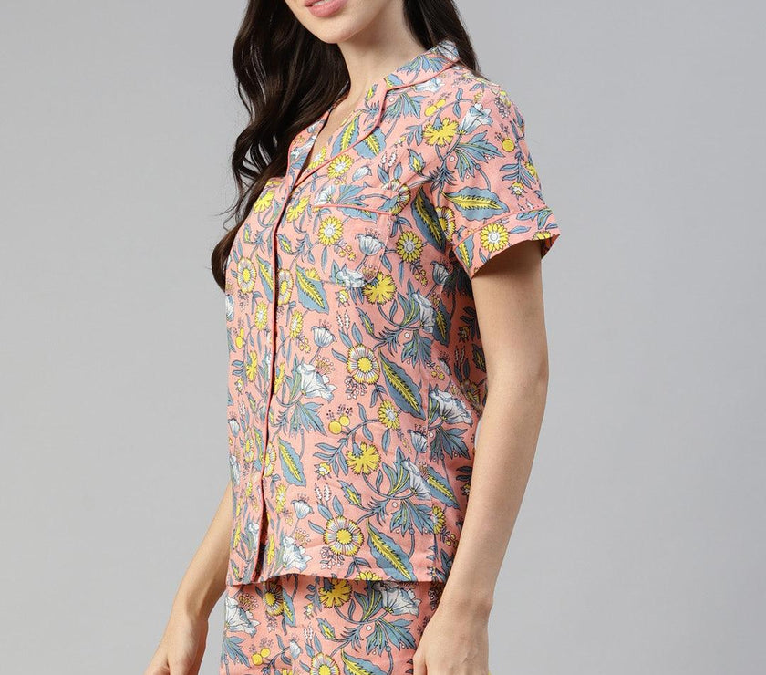 Divena Peach Cotton Floral Print Night Suit - divena world