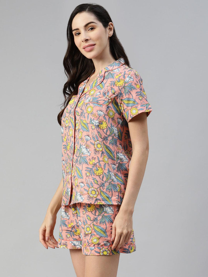 Divena Peach Cotton Floral Print Night Suit - divena world