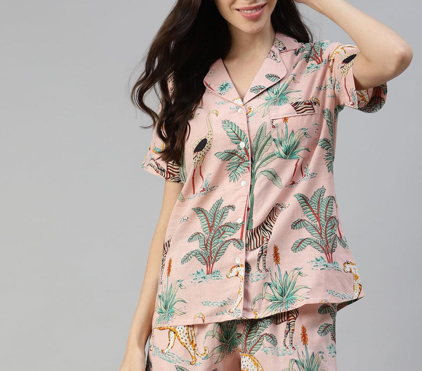 Divena Pink Cotton Floral Print Night Suit - divena world