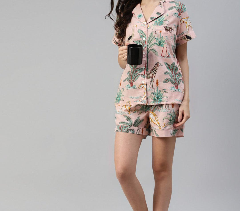 Divena Pink Cotton Floral Print Night Suit - divena world