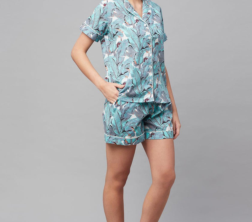 Divena Seagreen Cotton Floral Print Night Suit - divena world