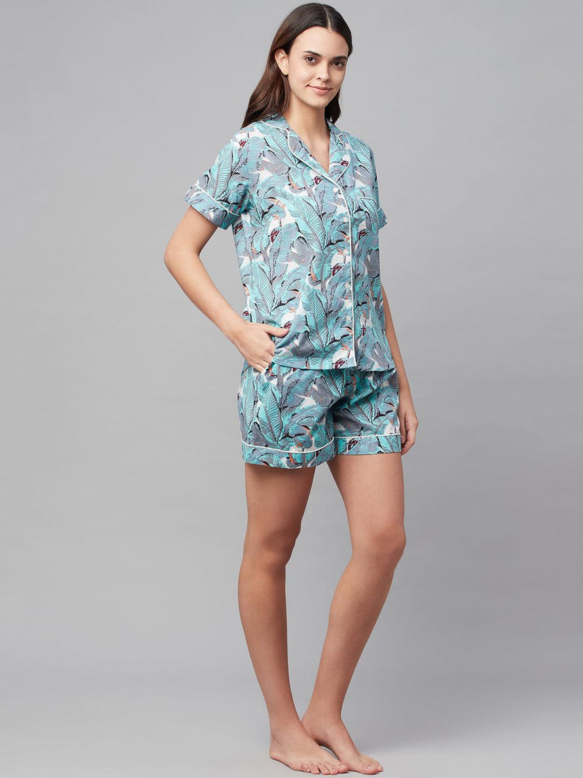 Divena Seagreen Cotton Floral Print Night Suit - divena world