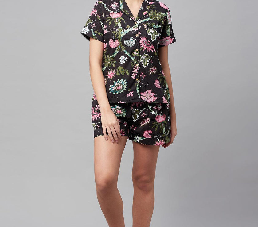 Divena Black Cotton Floral Print Night Suit - divena world