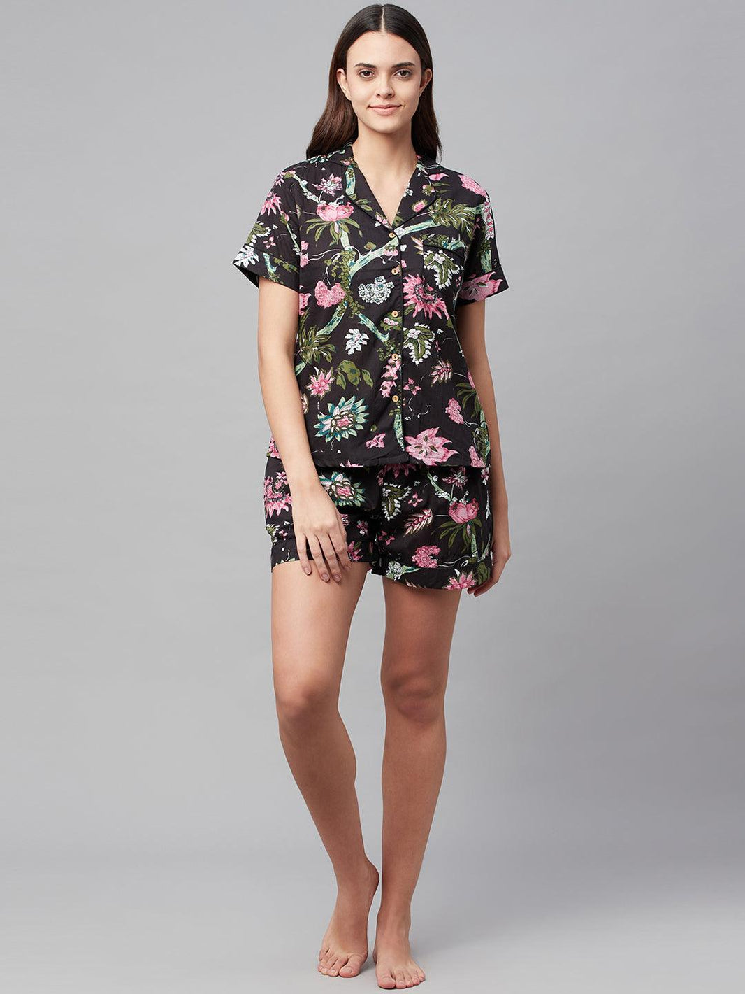 Divena Black Cotton Floral Print Night Suit - divena world