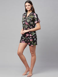 Divena Black Cotton Floral Print Night Suit - divena world