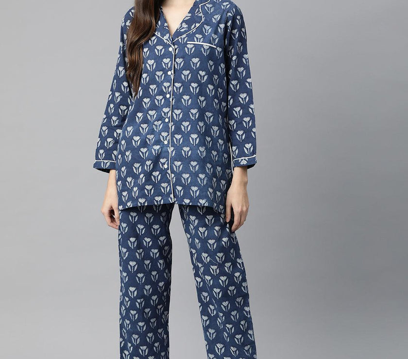 Divena Indigo Hand Block Pure Cotton Night Suit - divena world