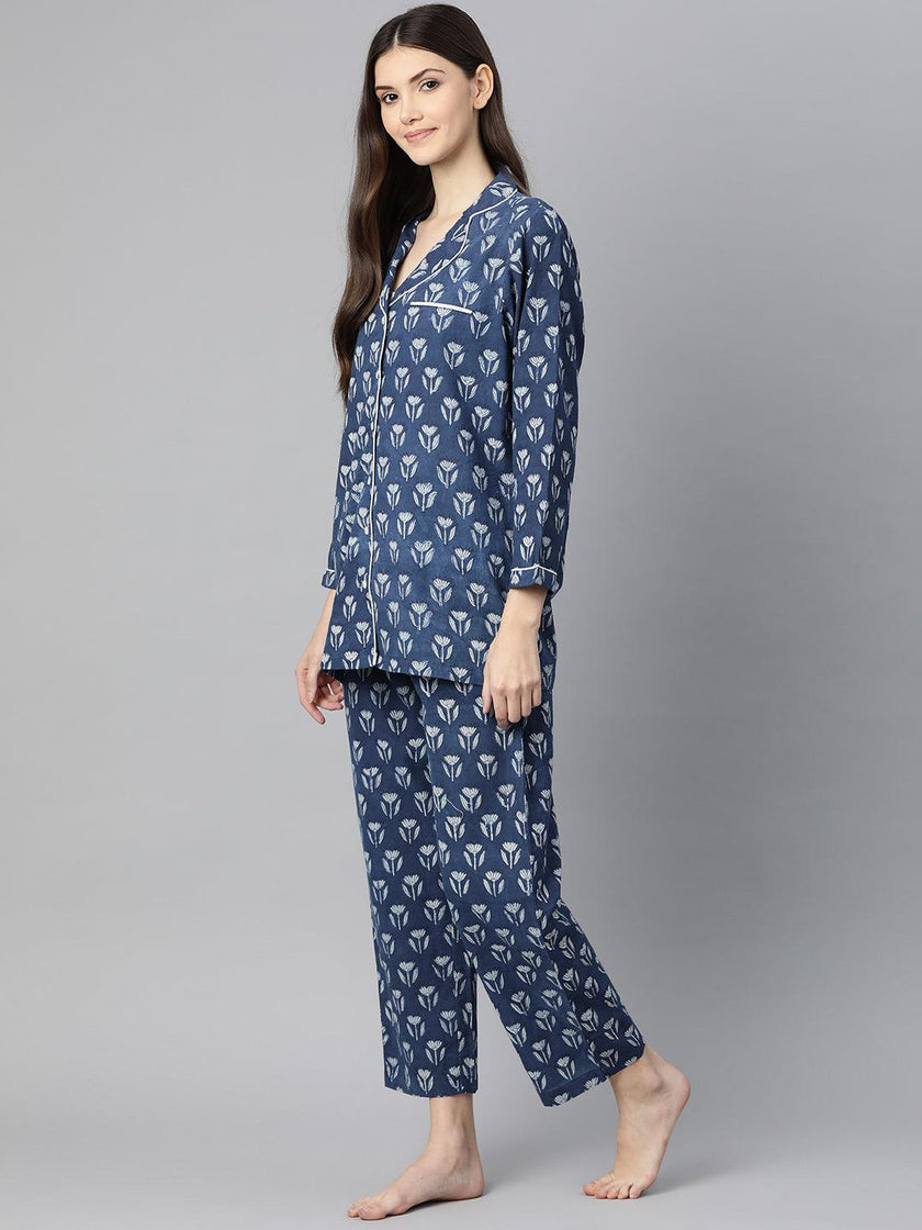 Divena Indigo Hand Block Pure Cotton Night Suit - divena world