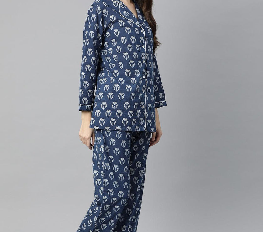 Divena Indigo Hand Block Pure Cotton Night Suit - divena world