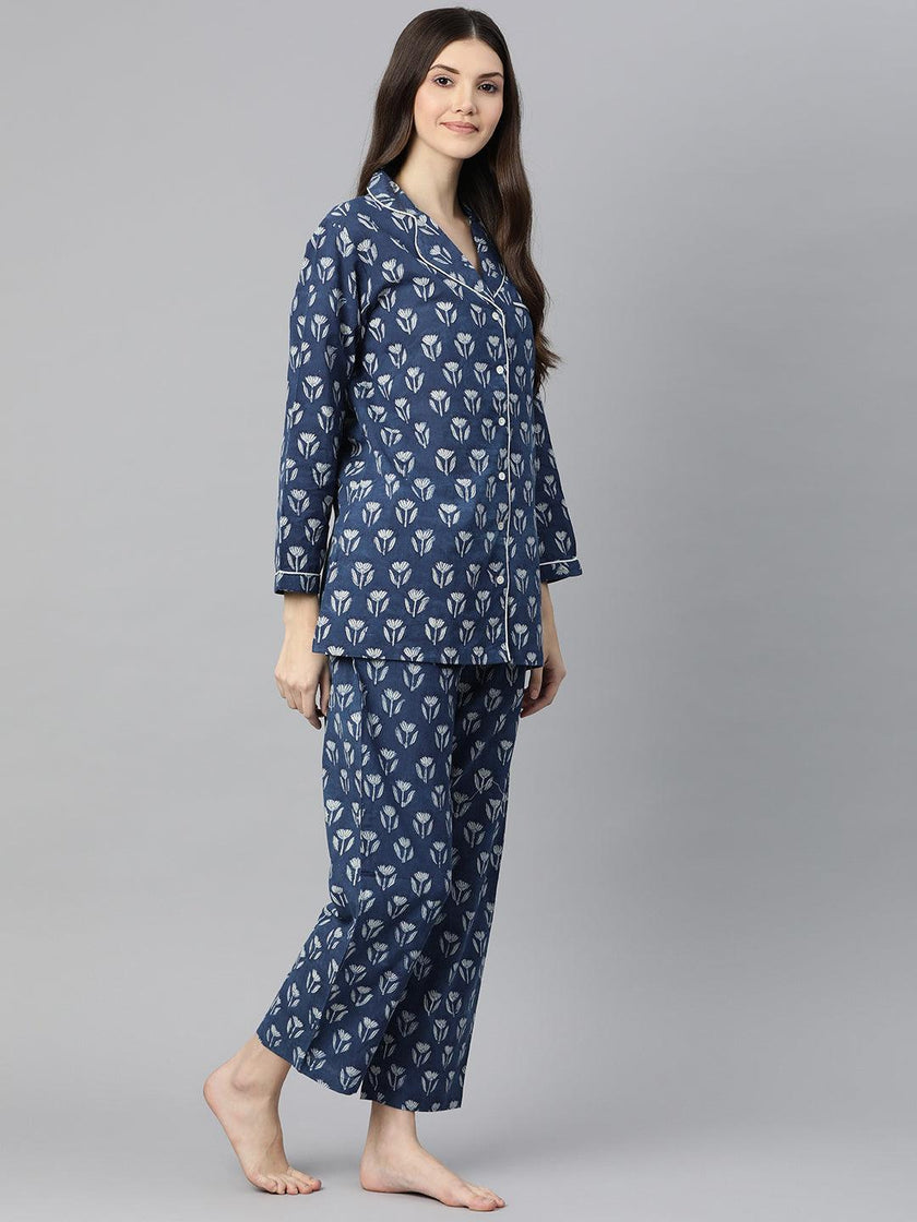 Divena Indigo Hand Block Pure Cotton Night Suit - divena world