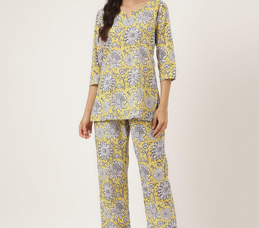 Divena Yellow Printed Loungewear/Nightwear - divena world