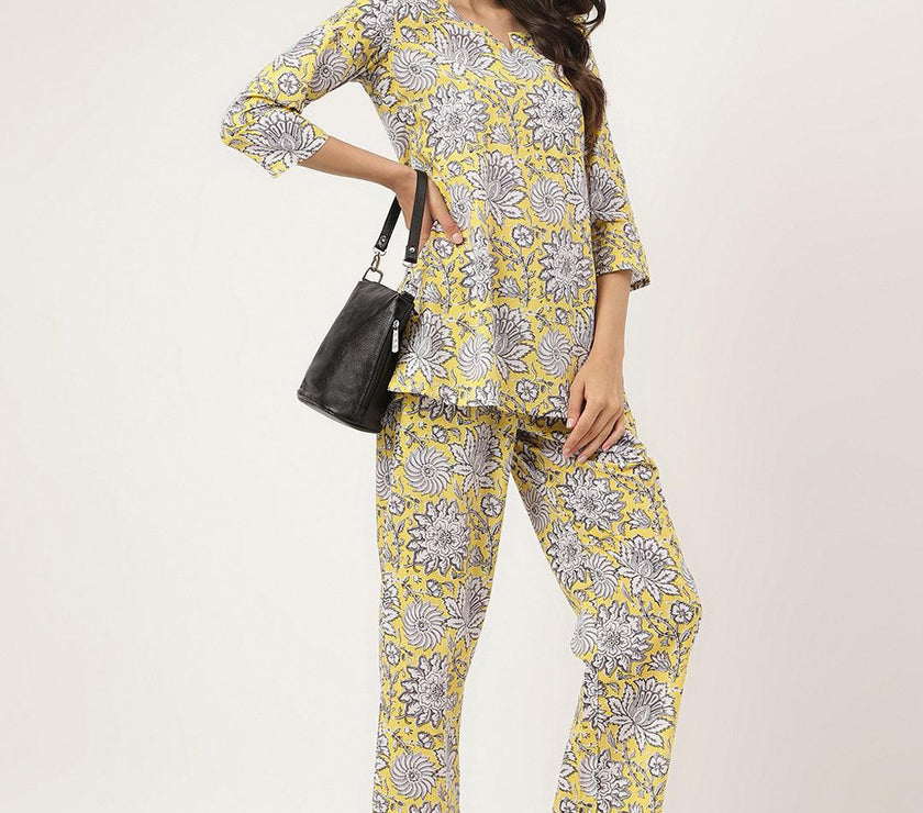 Divena Yellow Printed Loungewear/Nightwear - divena world