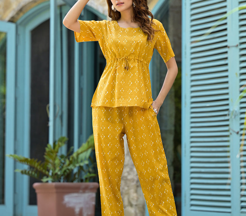 Divena Mustard Cotton A-line Night Suit with Adjustable Waist Dori