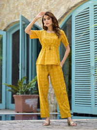 Divena Mustard Cotton A-line Night Suit with Adjustable Waist Dori