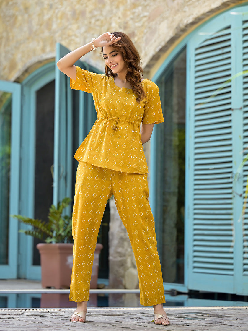 Divena Mustard Cotton A-line Night Suit with Adjustable Waist Dori