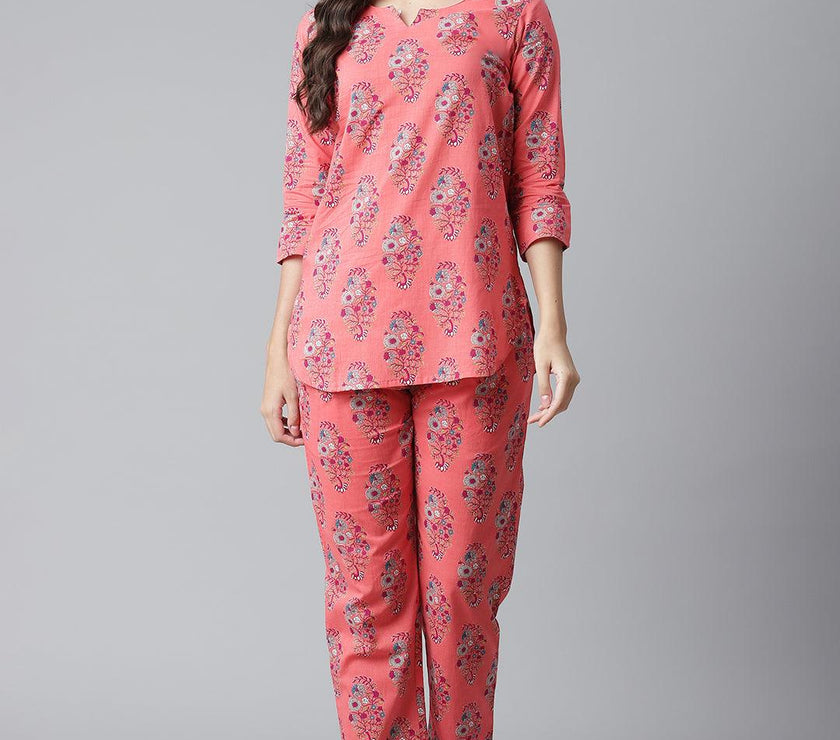 Divena Peach Cotton Printed Nightsuit - divena world