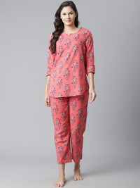 Divena Peach Cotton Printed Nightsuit - divena world