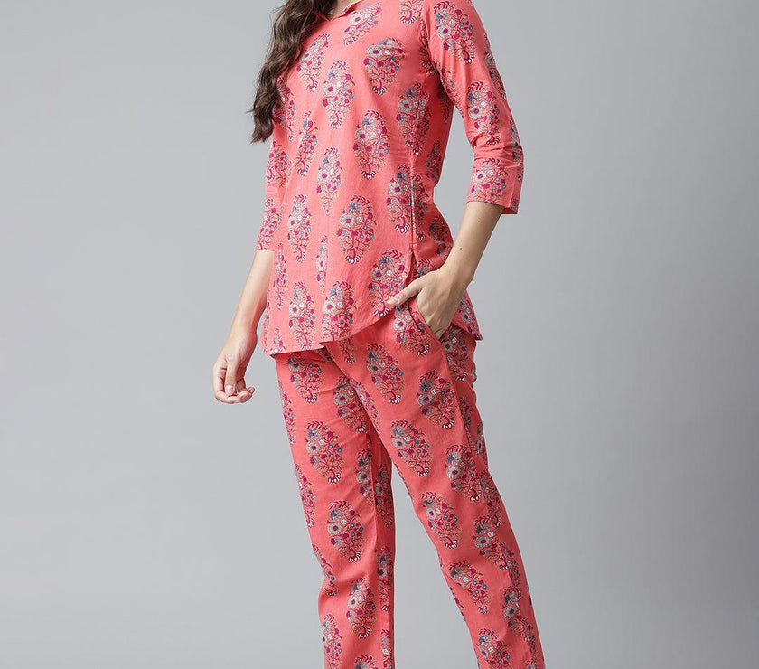 Divena Peach Cotton Printed Nightsuit - divena world