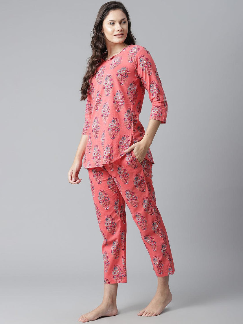 Divena Peach Cotton Printed Nightsuit - divena world