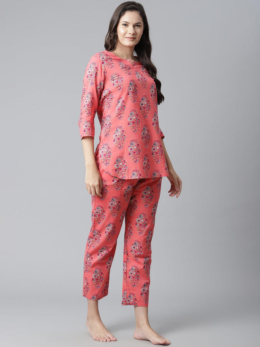 Divena Peach Cotton Printed Nightsuit - divena world