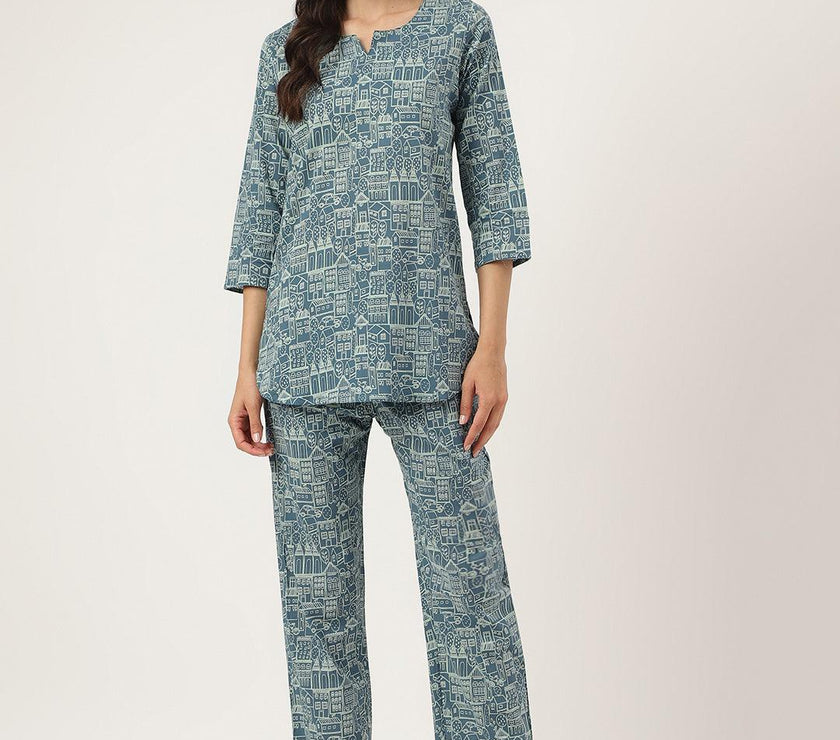 Divena Teal Blue Printed Loungewear/Nightwear - divena world