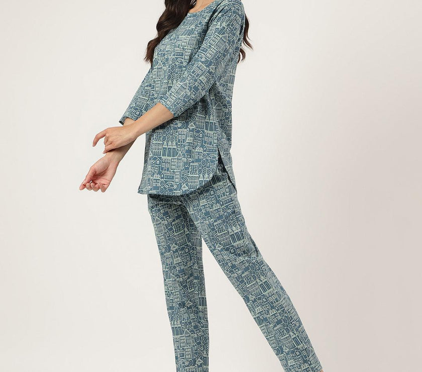 Divena Teal Blue Printed Loungewear/Nightwear - divena world