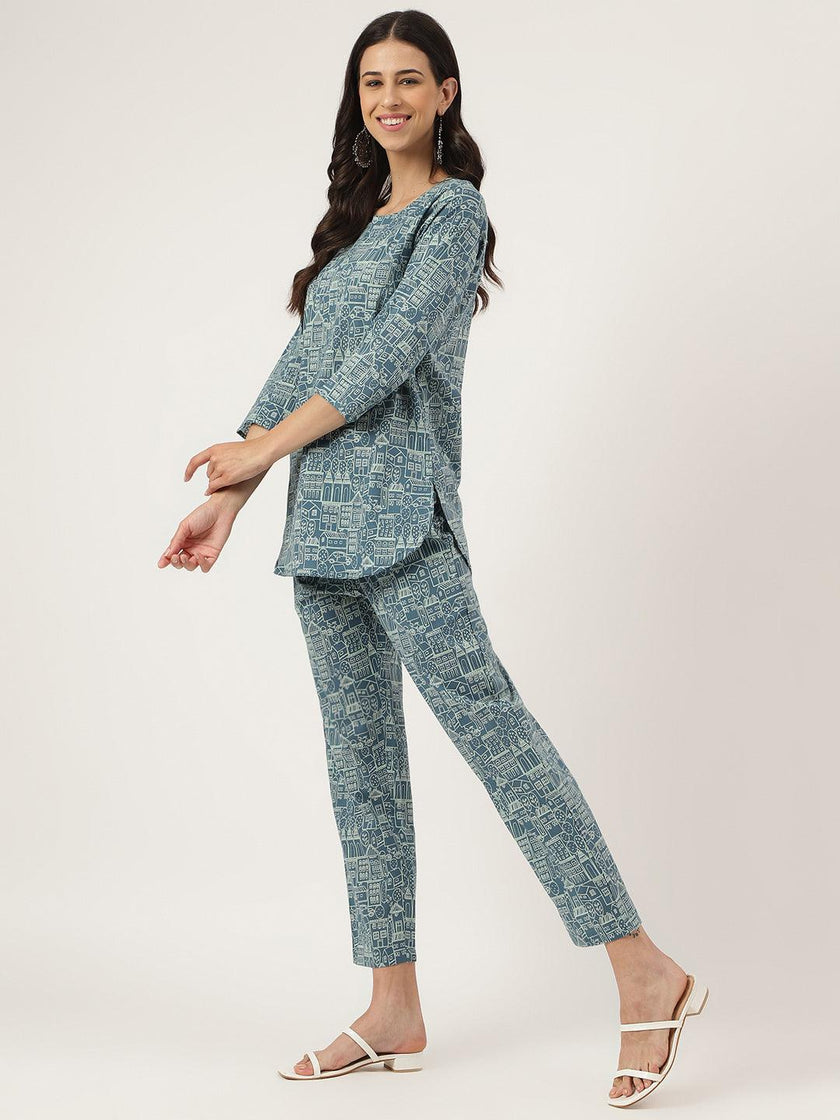 Divena Teal Blue Printed Loungewear/Nightwear - divena world