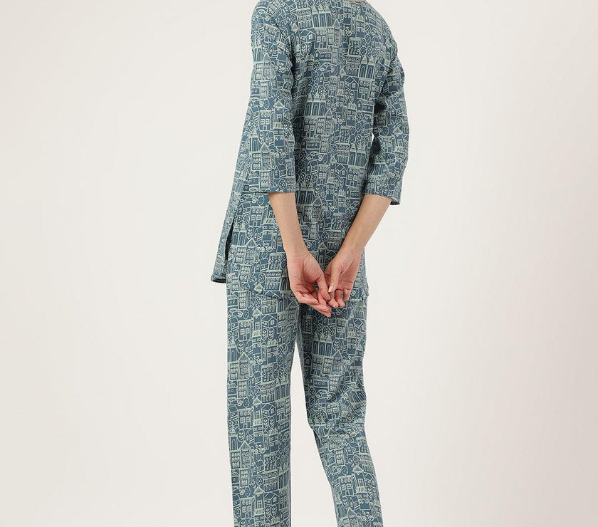 Divena Teal Blue Printed Loungewear/Nightwear - divena world