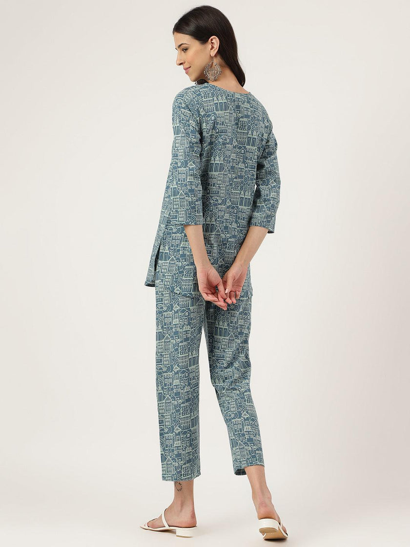 Divena Teal Blue Printed Loungewear/Nightwear - divena world