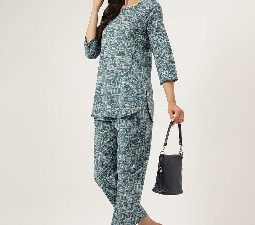 Divena Teal Blue Printed Loungewear/Nightwear - divena world