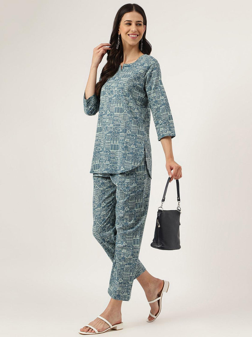 Divena Teal Blue Printed Loungewear/Nightwear - divena world