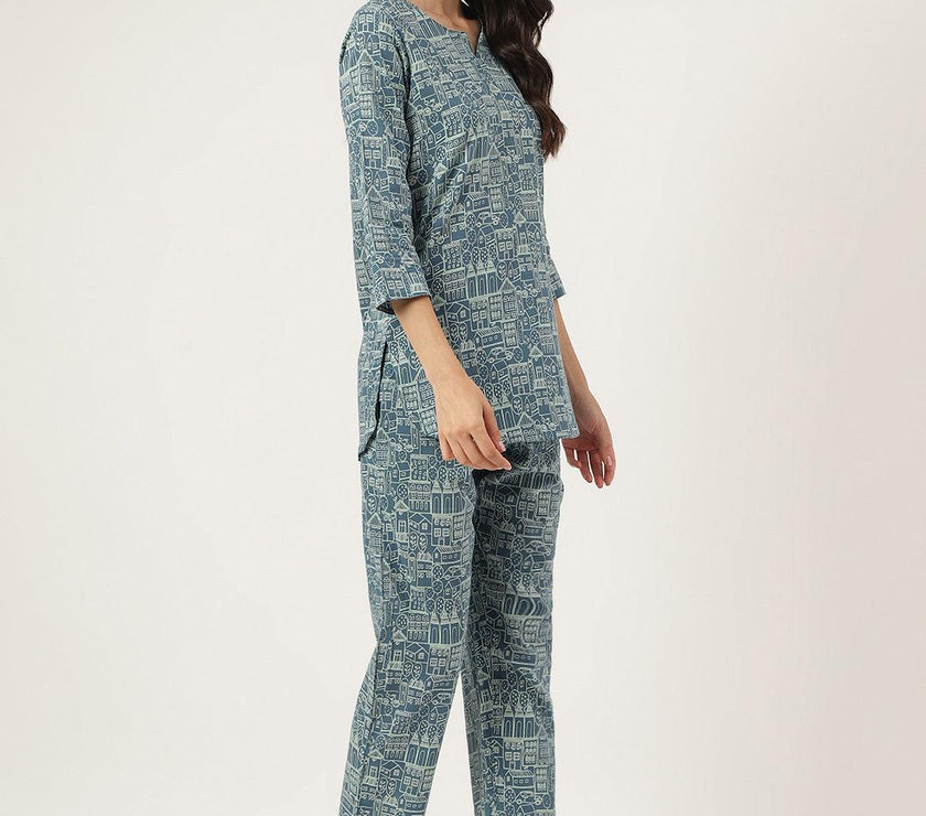 Divena Teal Blue Printed Loungewear/Nightwear - divena world