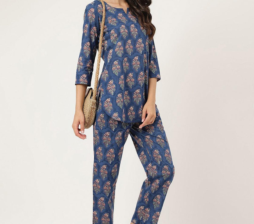 Divena Blue Printed Loungewear/Nightwear - divena world