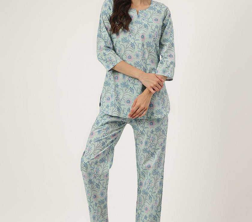 Divena Taurquoise Blue Printed Loungewear/Nightwear - divena world