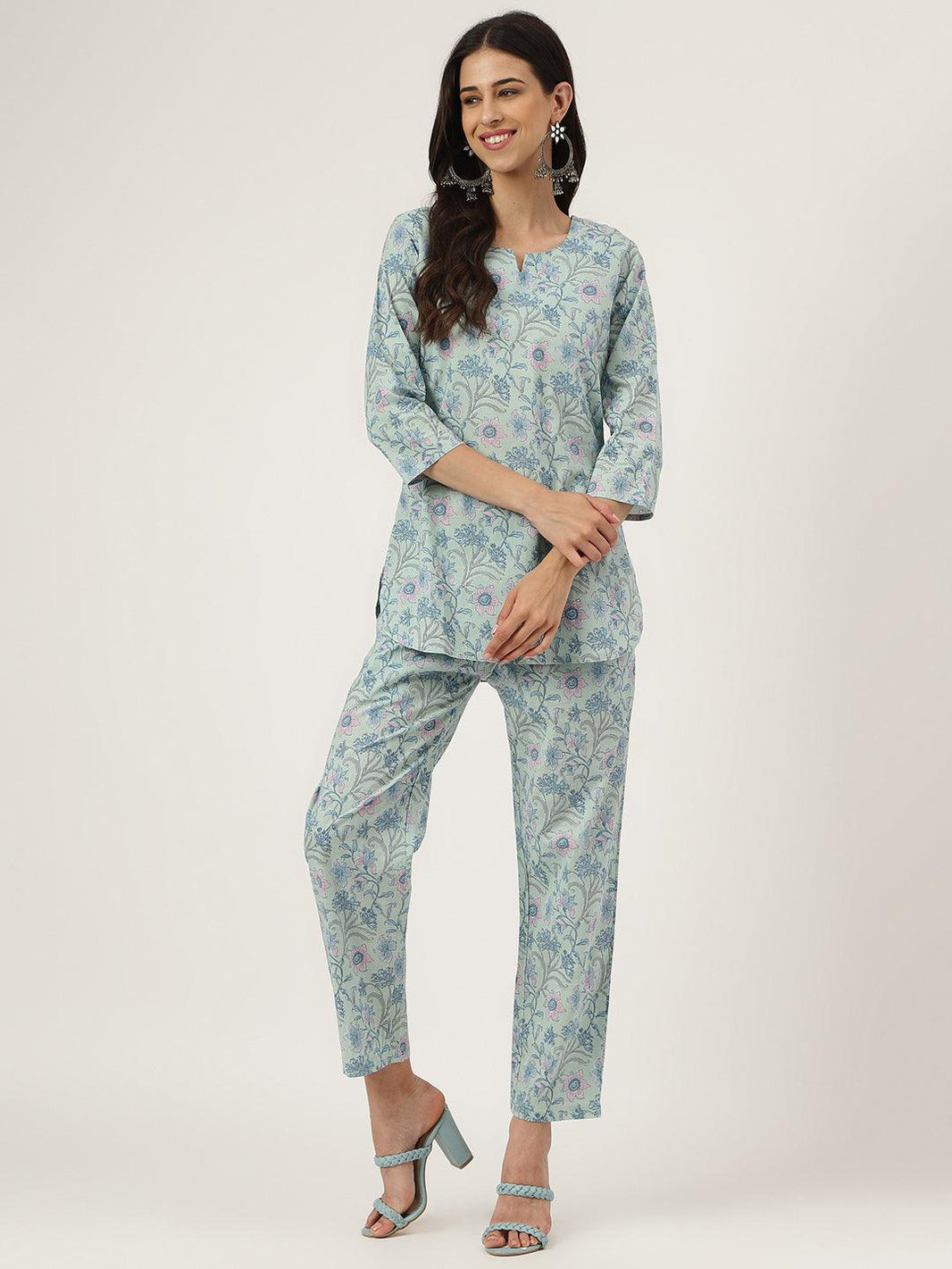 Divena Taurquoise Blue Printed Loungewear/Nightwear - divena world