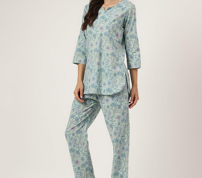 Divena Taurquoise Blue Printed Loungewear/Nightwear - divena world