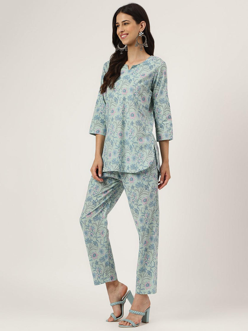 Divena Taurquoise Blue Printed Loungewear/Nightwear - divena world