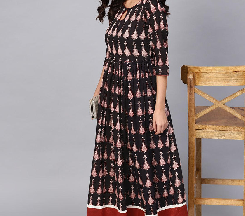 Divena Black Printed Cotton Floor Length Anarkali Kurta - divena world